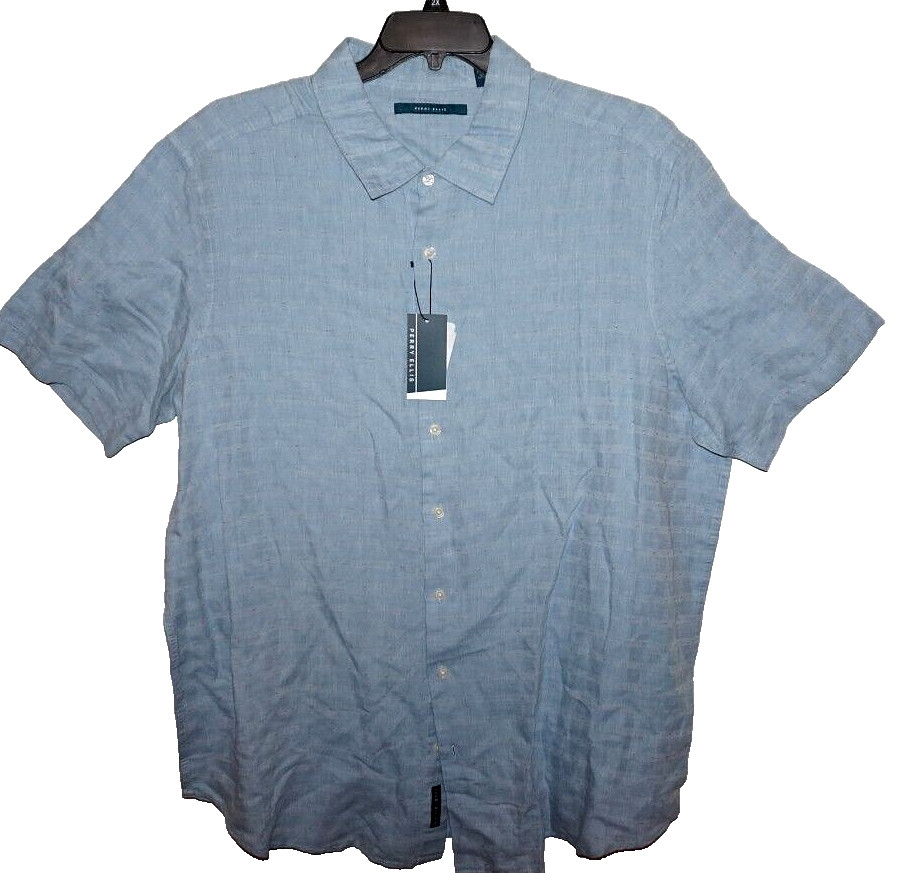 Perry Ellis Mens Short Sleeve Linen Shirt BIG 2X Allure Blue Geo Check NWT