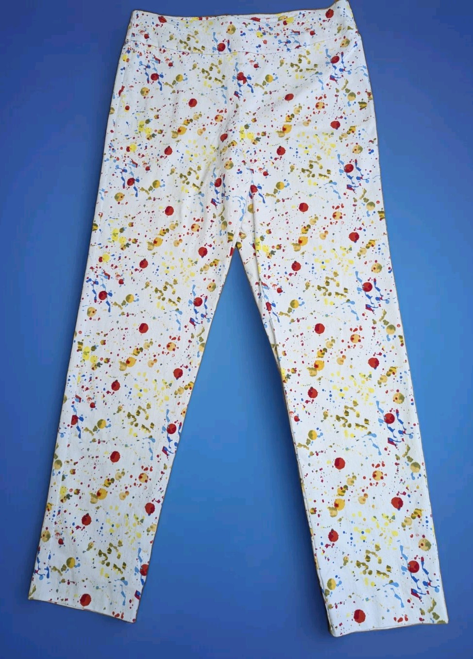 KRAZY LARRY Multi Color Rainbow Paint Splat Pull On Straight Leg Pants 12 MINT