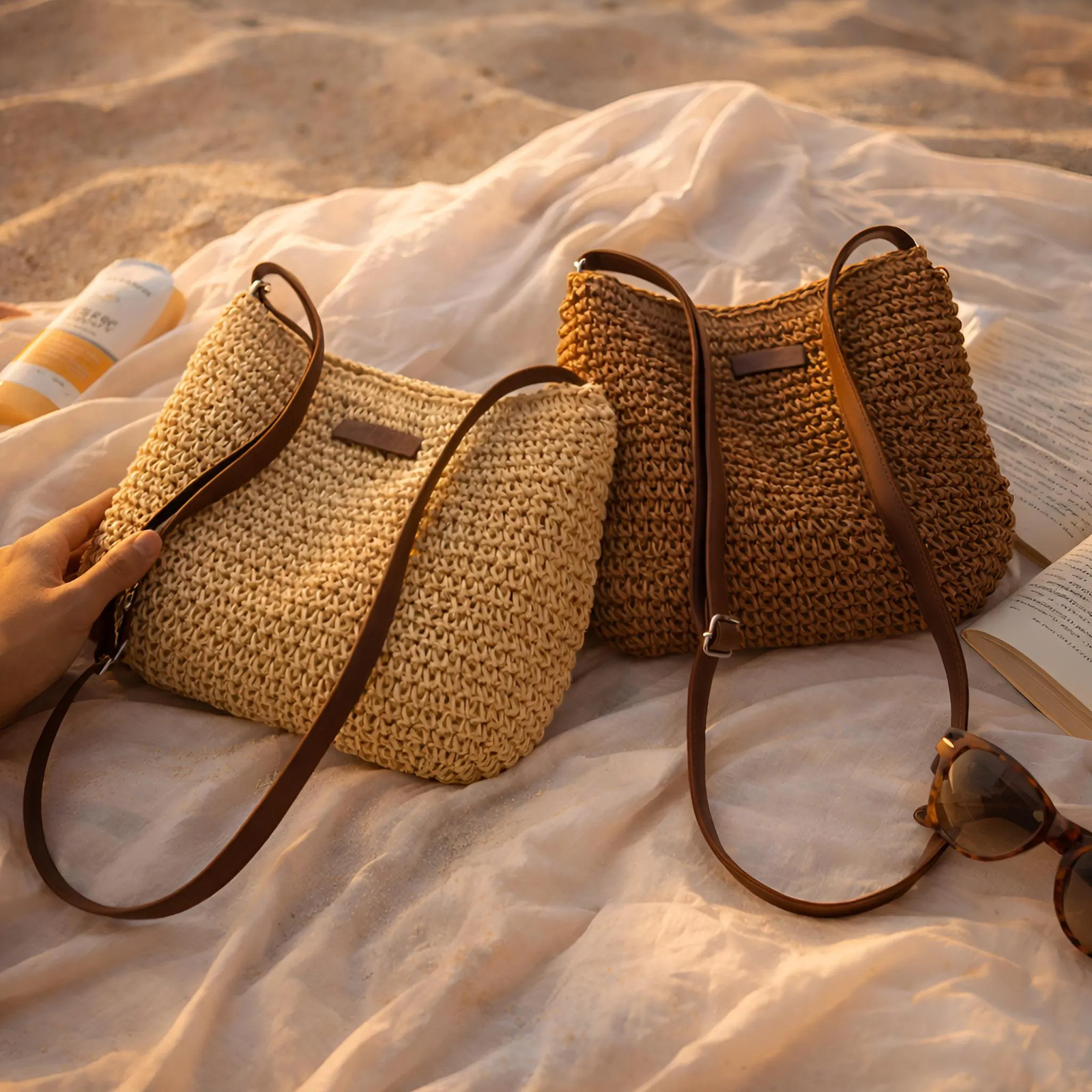 Woven Straw Tote Bag, Zipper Shoulder Purse, Minimalist Summer Vacation Bag