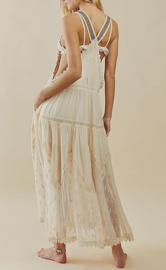 Women’s Laced Embroidered Tulle Bib Dress Casual Loose Adjustable Straps Maxi