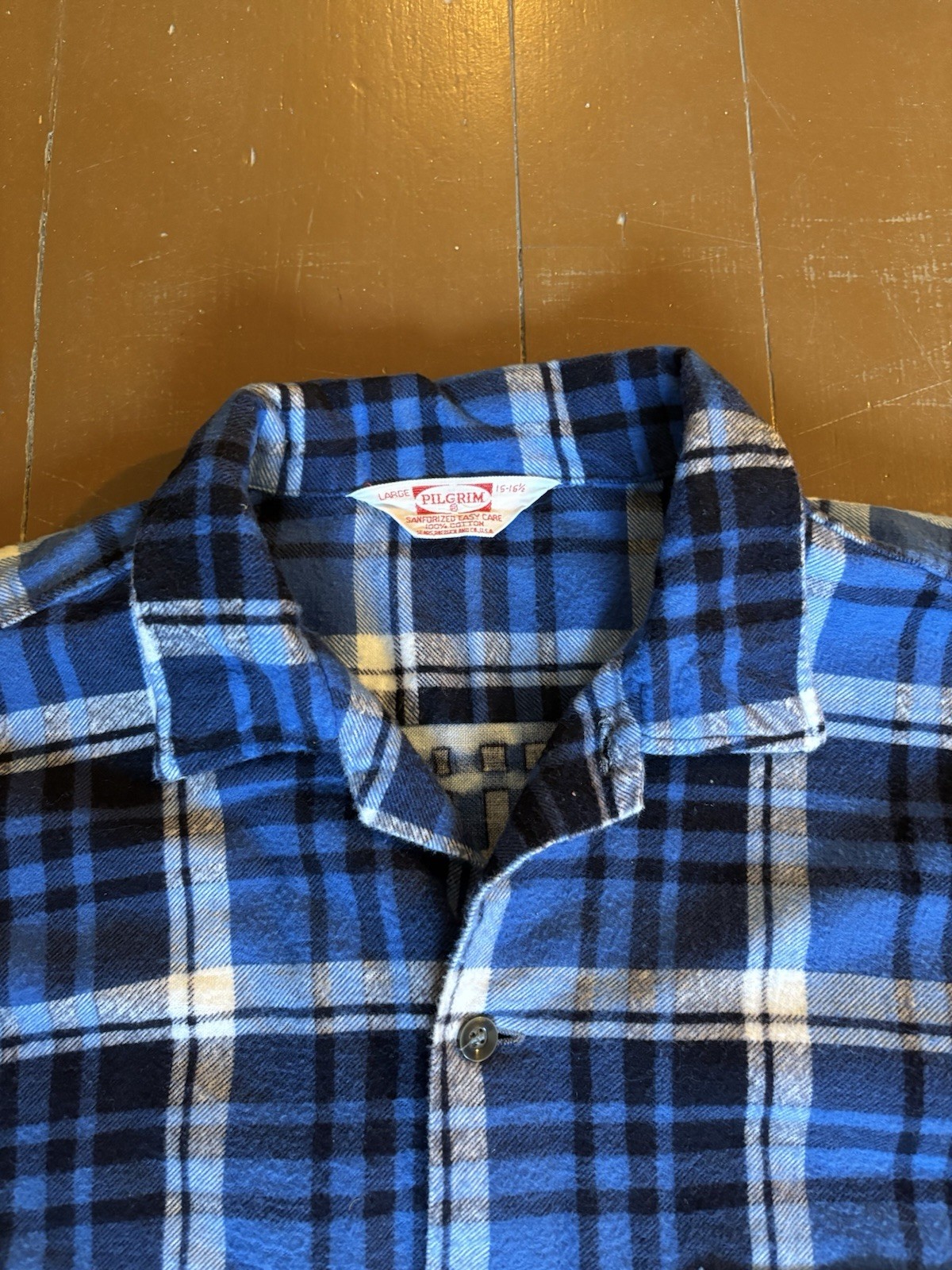 60s Sears Pilgrim Plaid Print Flannel Shirt 1960s Cotton Mens Large Blue