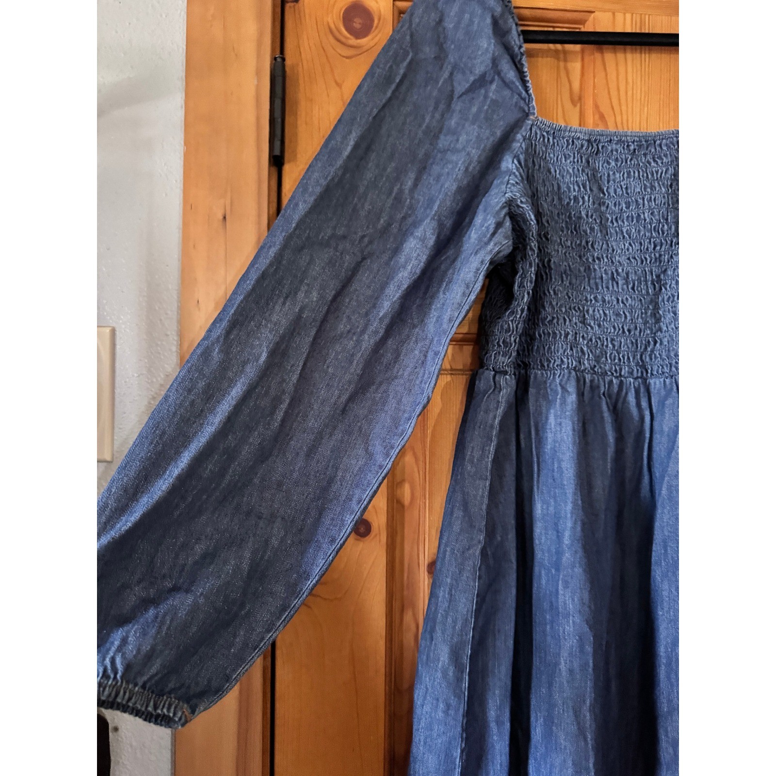 Wrangler Retro Blue Chambray Denim Smocked Puff Sleeve Western Mini Dress L NWT