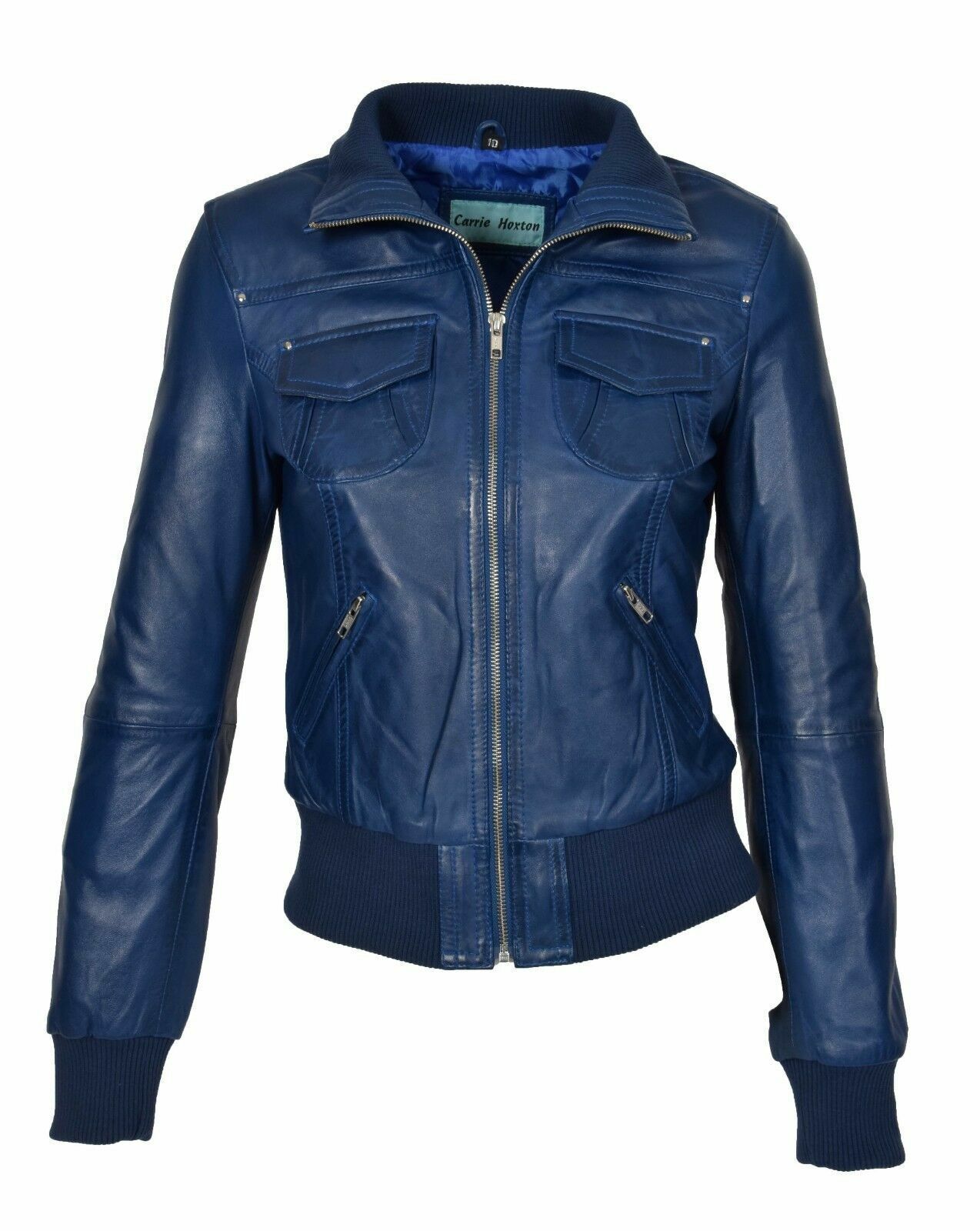 Luxury Women’s Blue Lambskin Bomber Leather Jacket Real Lambskin Biker Jacket