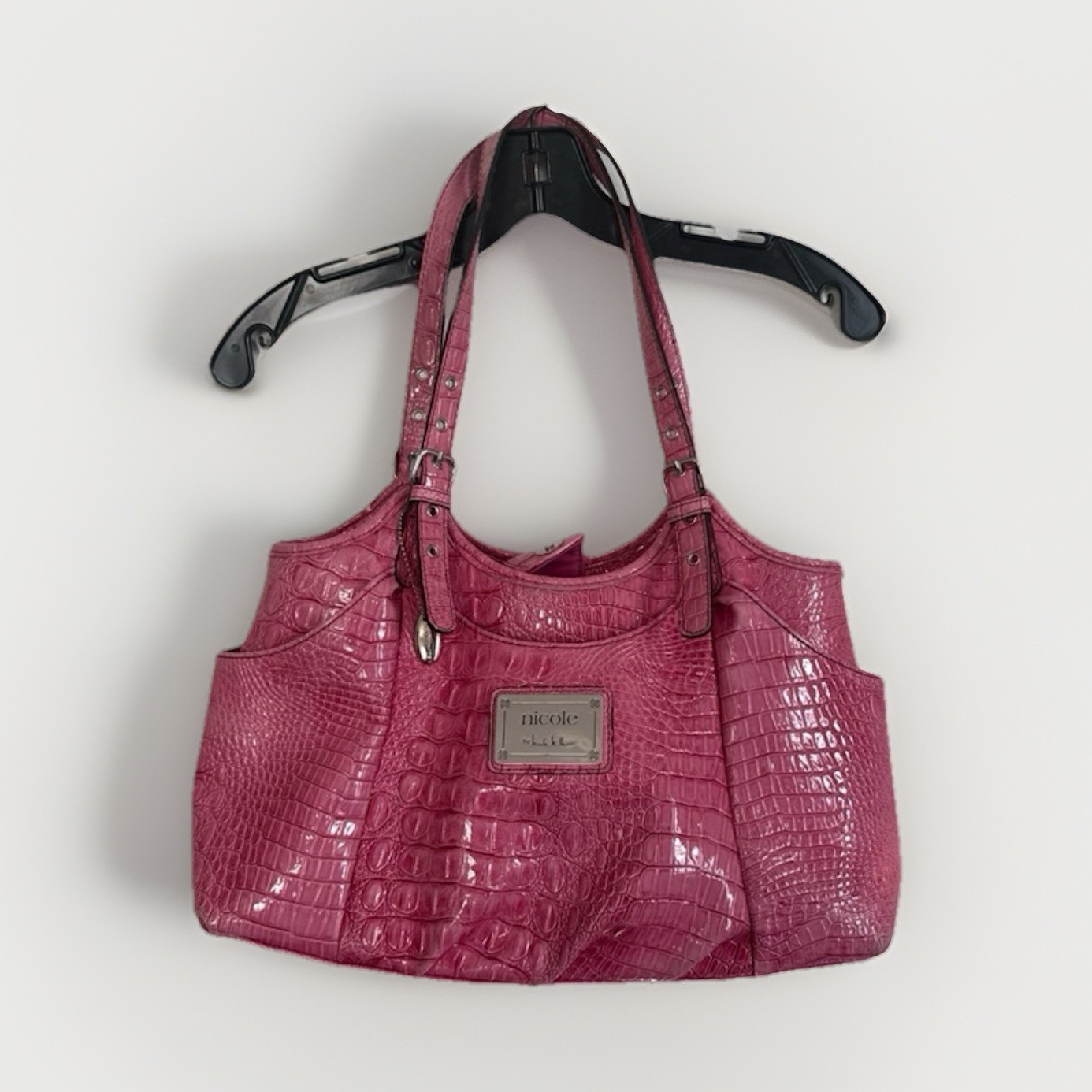 Y2K Nicole by Nicole Miller Pink Croc Patent Shoulder Bag Zip/Magnetic