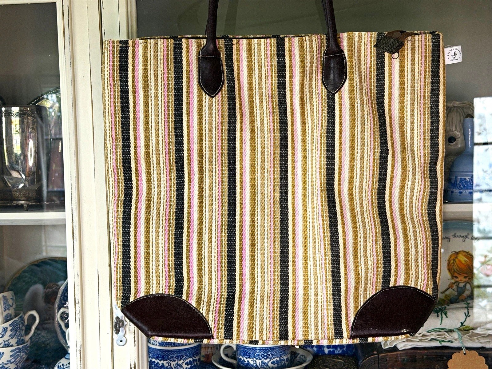 Engage Green Striped Large Tote Bag Leather Trim Brown Double Handles w/ Pouch