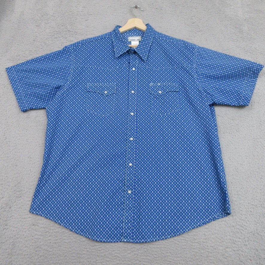 Wrangler Shirt Men 2X Blue Green Geo Print Pearl Snap Cowboycore Workwear