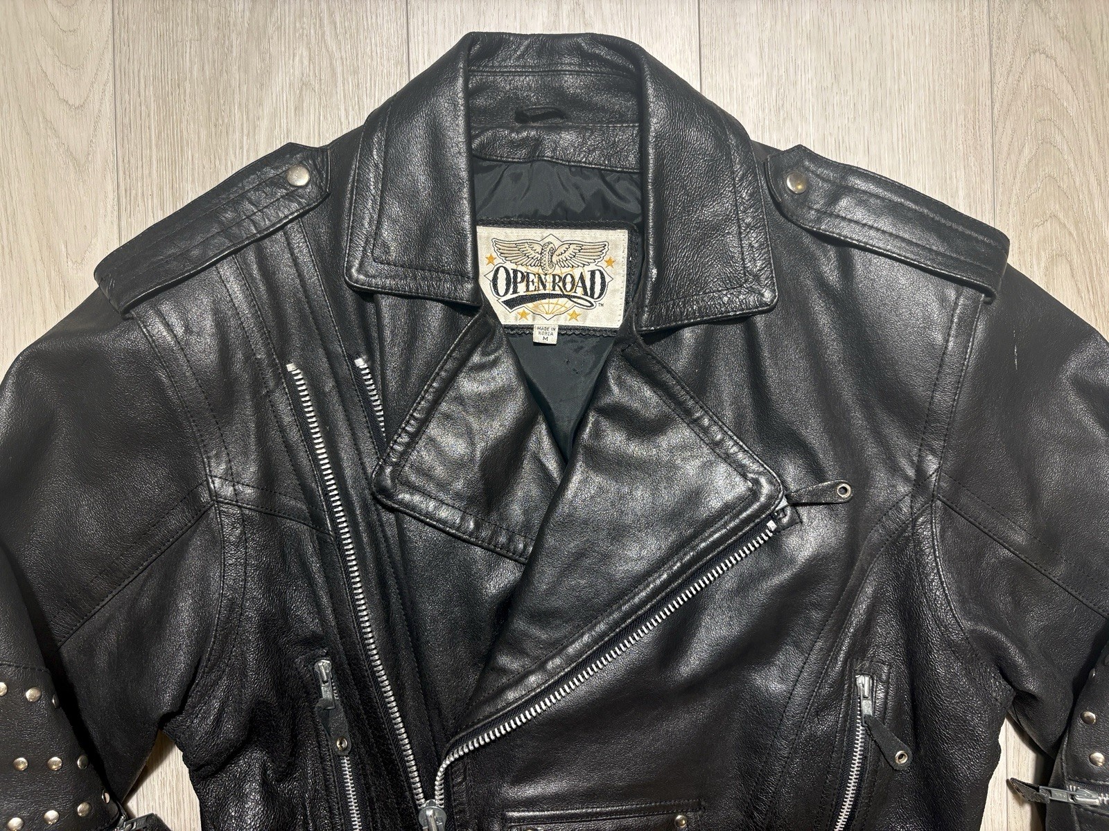 VTG 80s 90s Open Road Studded Leather Moto Jacket Brando Punk Biker Belted M