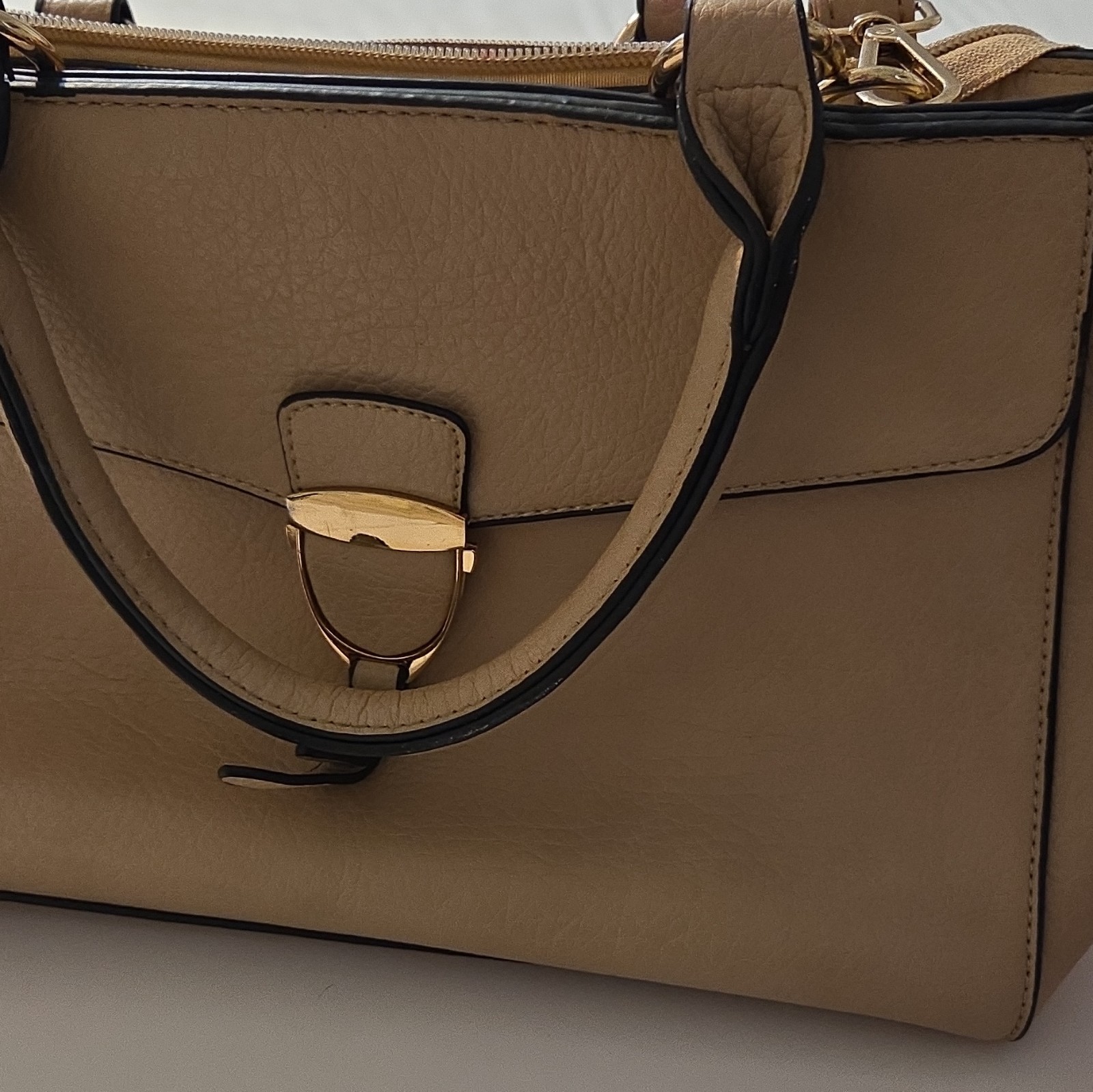 Beige Pebbled Satchel Top Handle Bag Double Handles Zip Turn Lock Strap