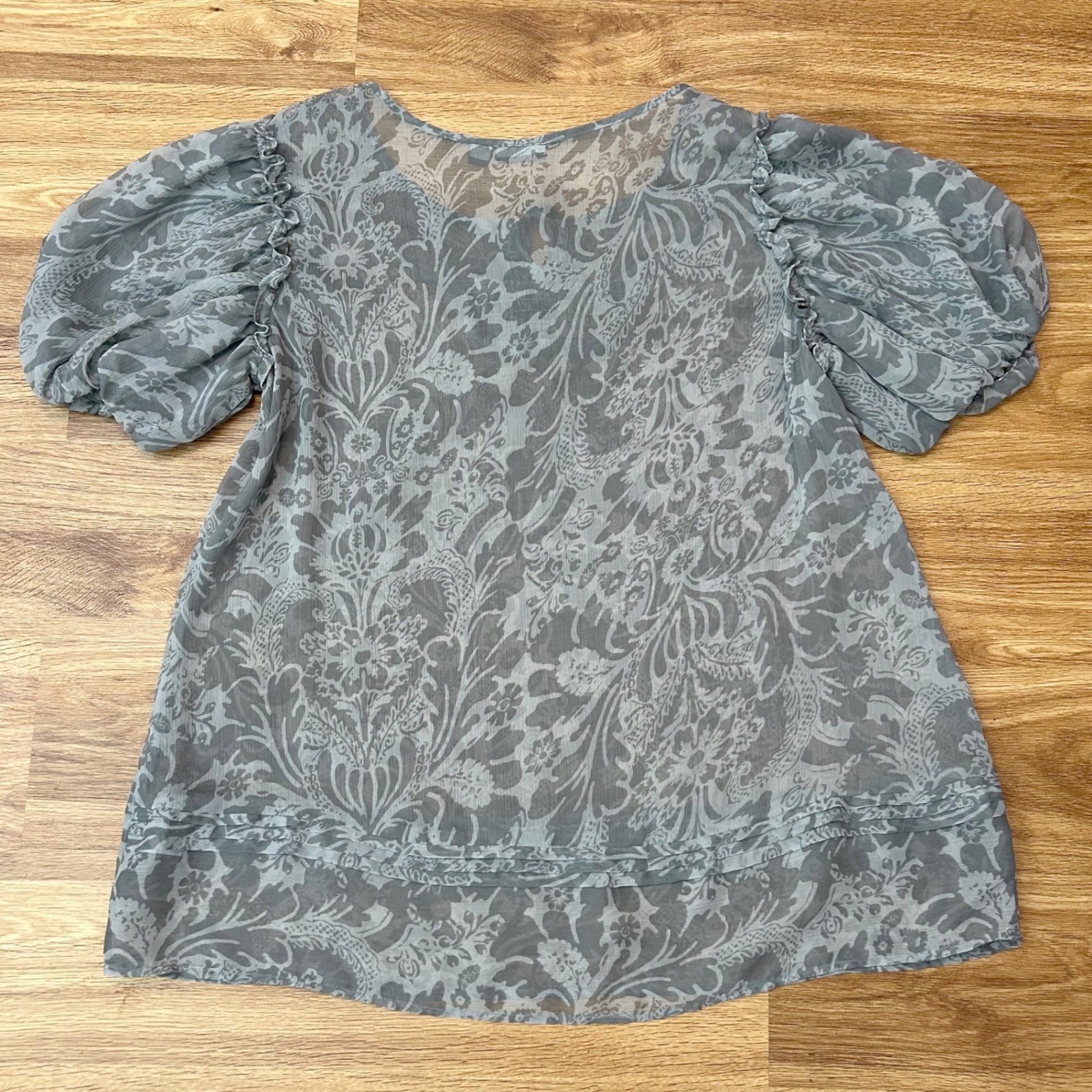 Womens Boho Sheer Puff Sleeve Blouse Grey Blue Paisley Romantic Apt 9 XL