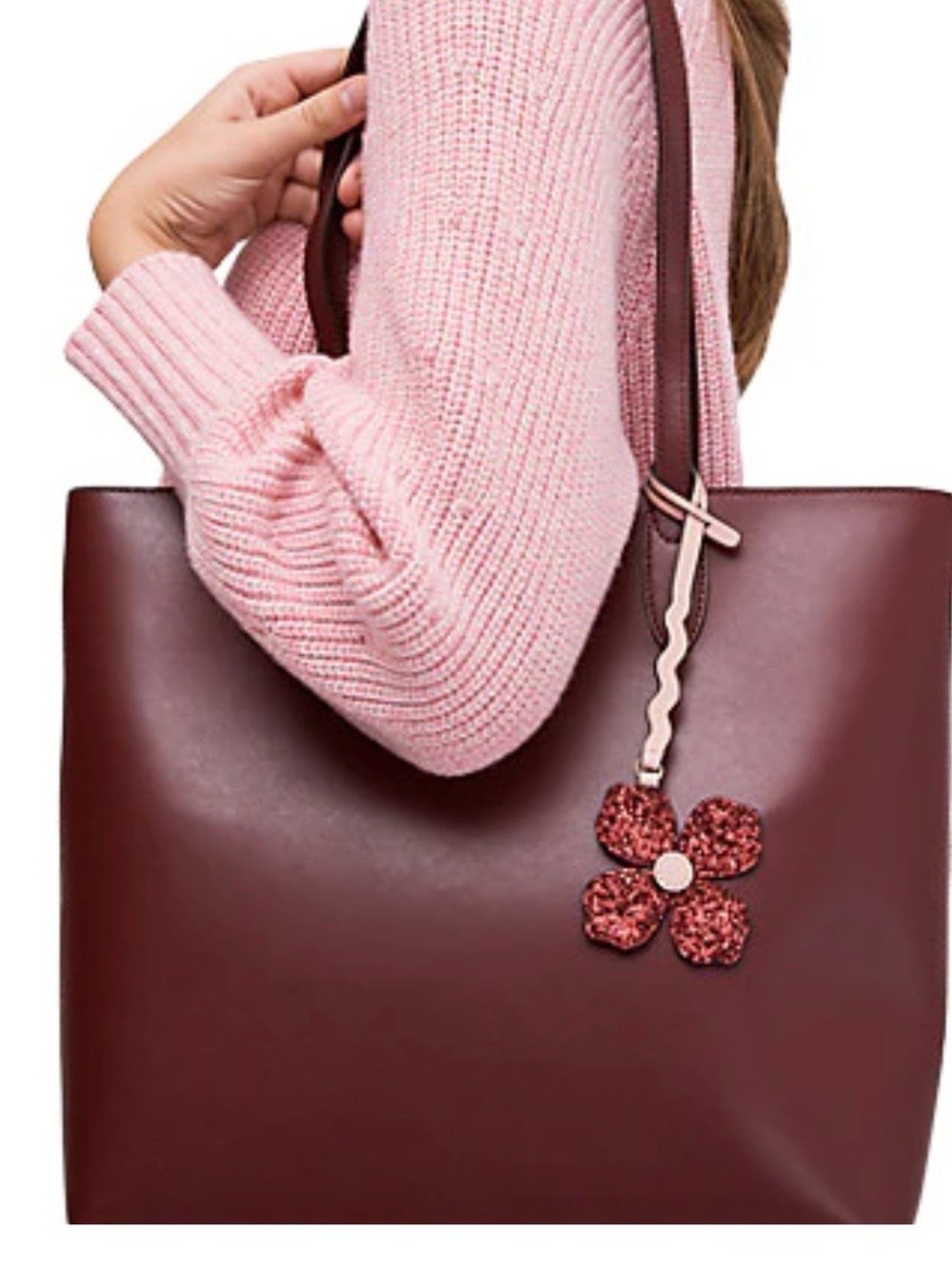 Kate Spade Burgundy Leather Tote with Pink Flower Charm