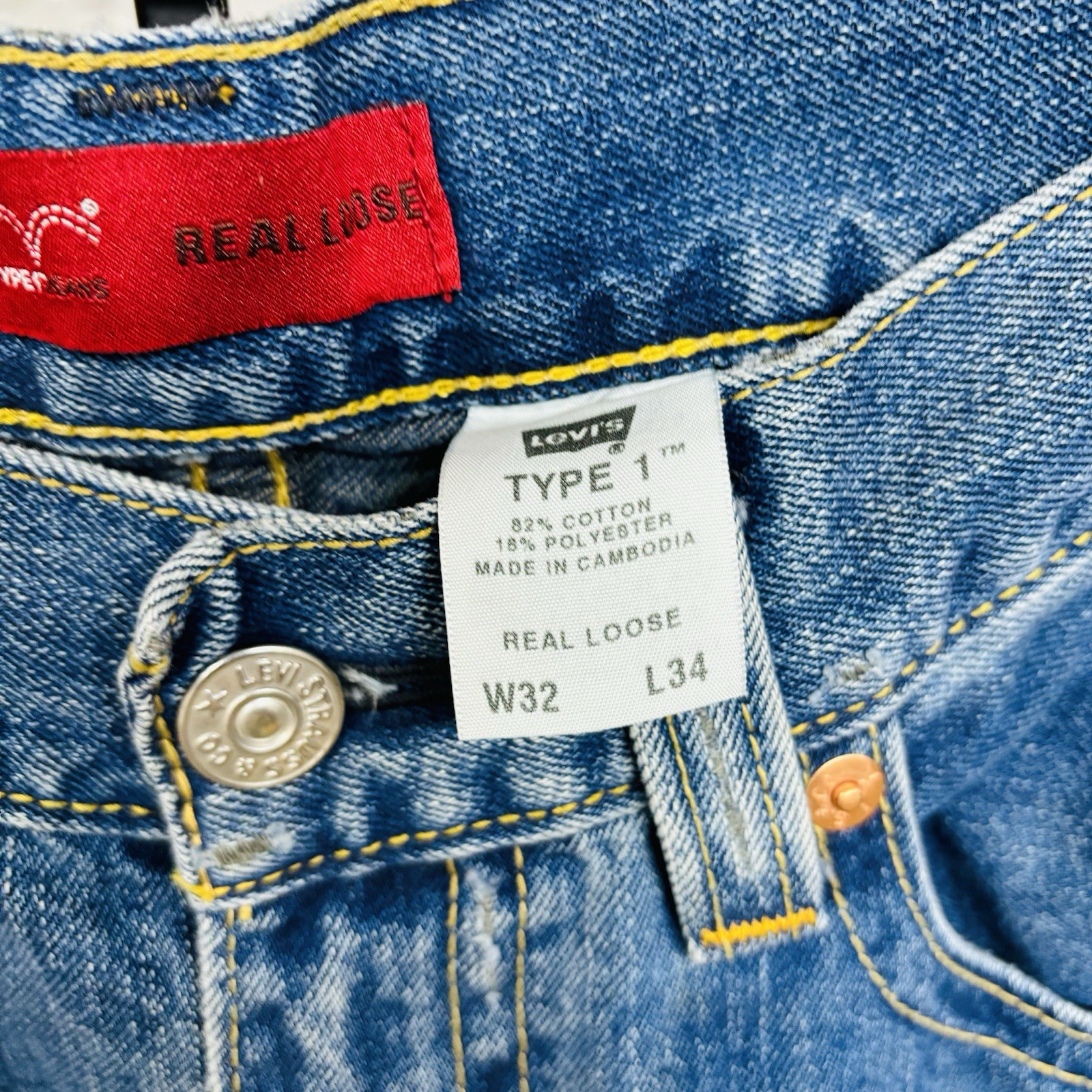 Levis Type 1 Jeans Baggy Real Loose Denim Cropped Raw Hem 32 Waist Vintage y2k