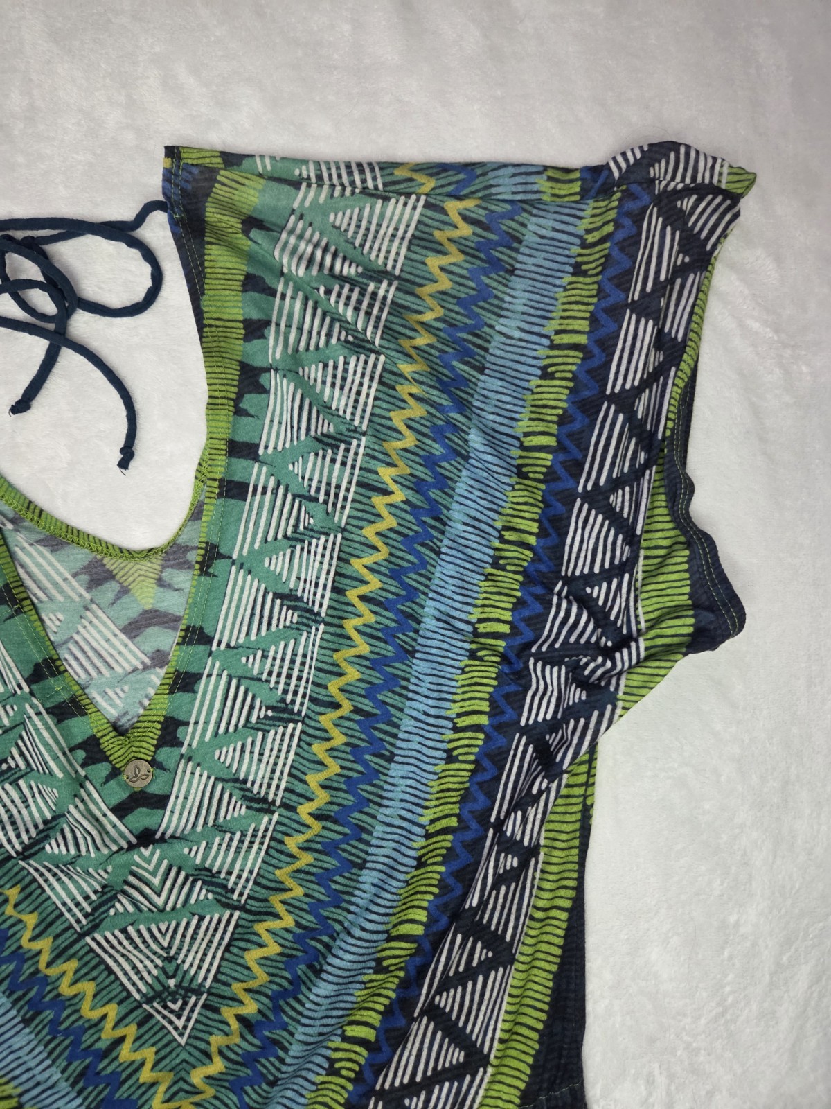 prAna Saida Kaftan Tunic Cover Up Green Teal Aztec Geometric Tissue Jersey S