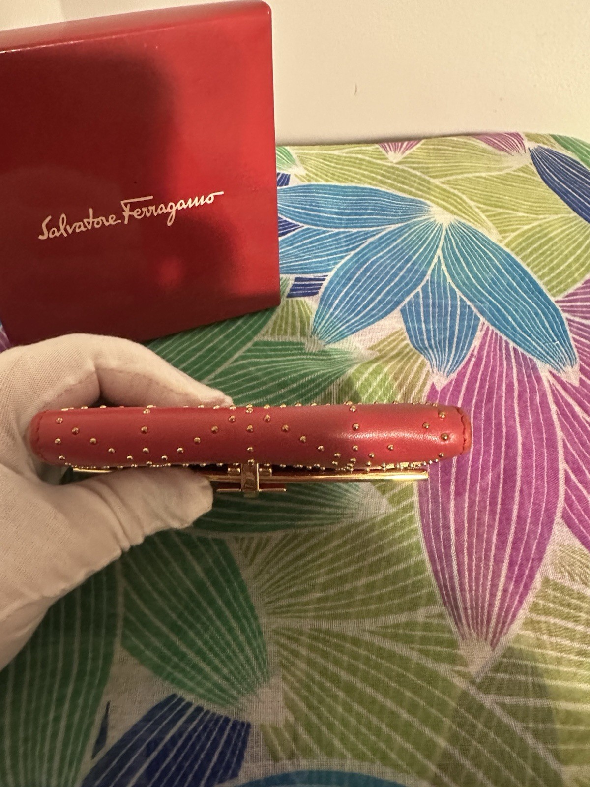 Salvatore Ferragamo Women’s Bifold Wallet, Red Solid, Studded Logo, Gold Tone
