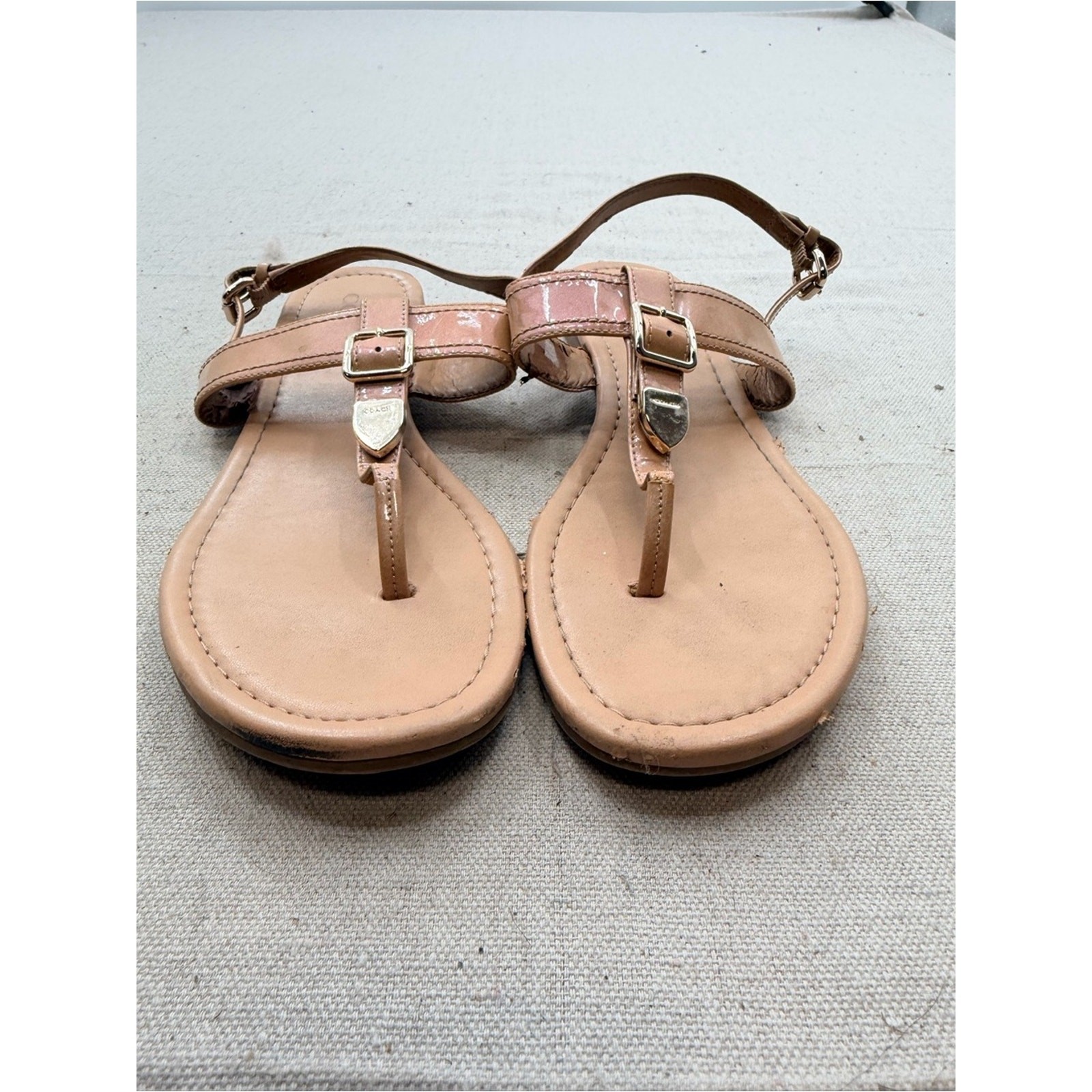 Coach Cassidy Nude/Tan Leather T-Strap Sandals with Buckle