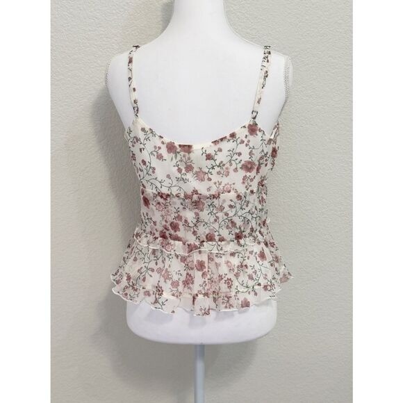NWT Hollister Floral Chiffon Tie Front Peplum Cami Top White Pink Medium