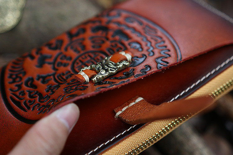Leather Long Wallet Carved Hand Tooled Zip Around Clutch Purse +Amulet Pendant