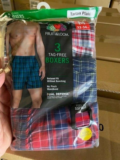 Fruit of the Loom Men’s 3-Pack Assorted Tartan Plaids Woven Boxer Shorts TagFree