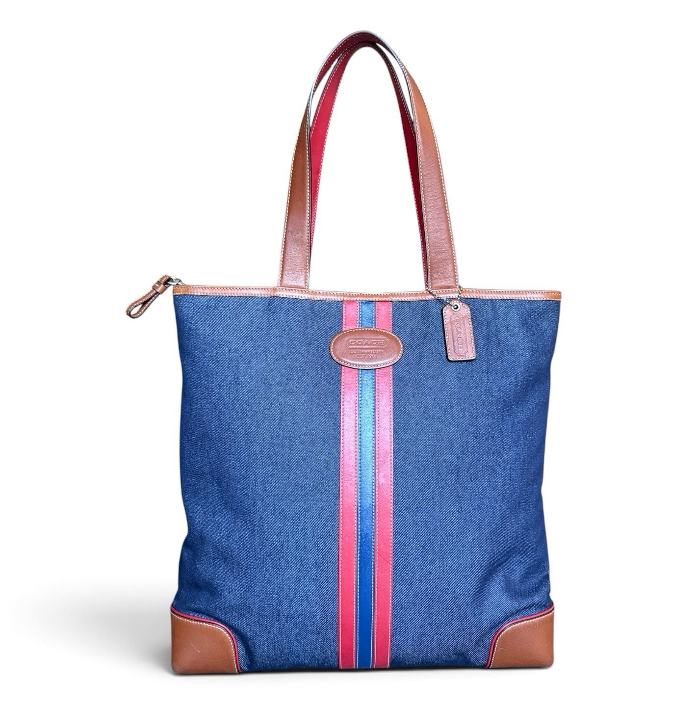 Vintage Coach 2003 Varsity Stripe Denim Leather City Tote Bag | Excellent