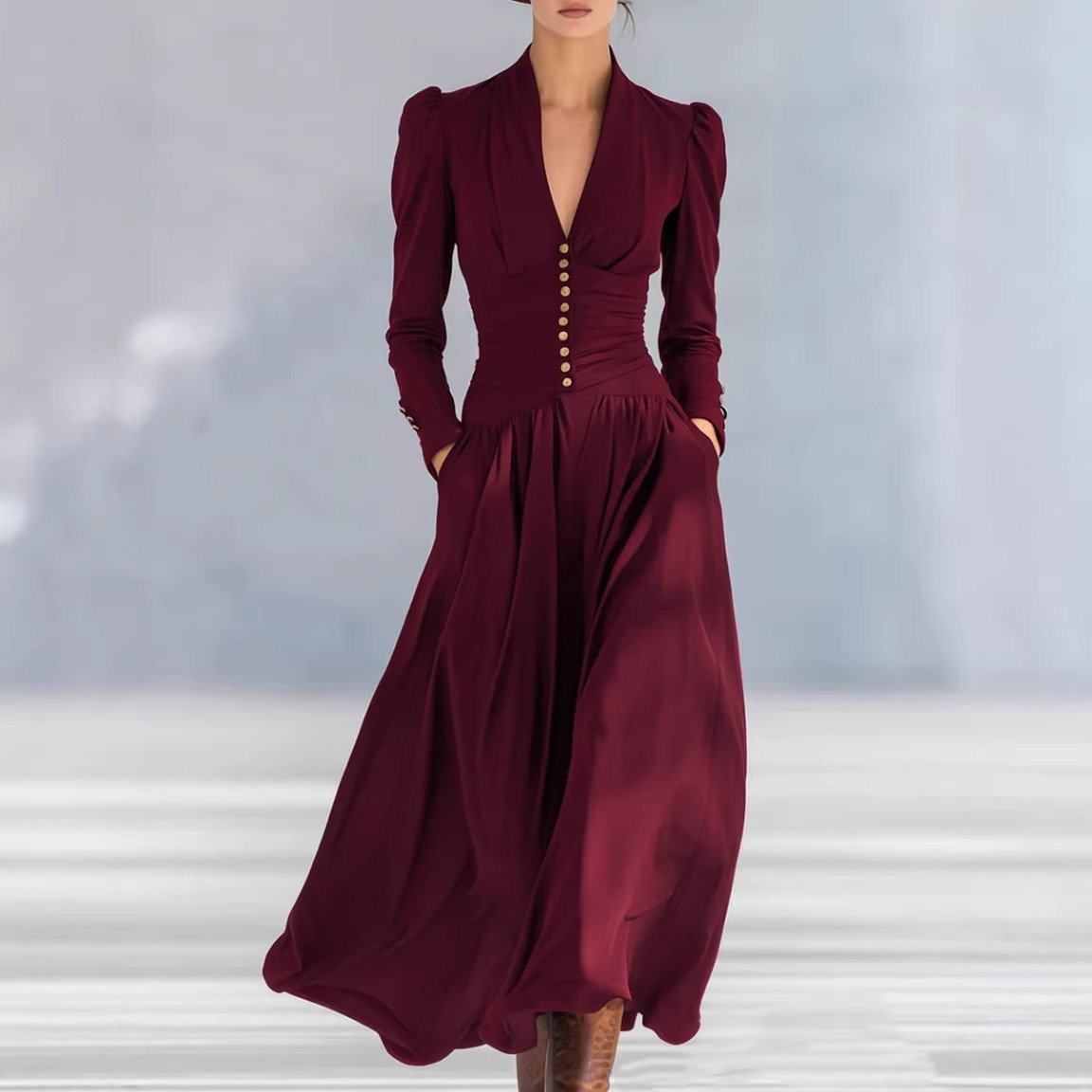 Elegant V-Neck Satin Dress with Puffed Long Sleeves and High Waist Silhouette