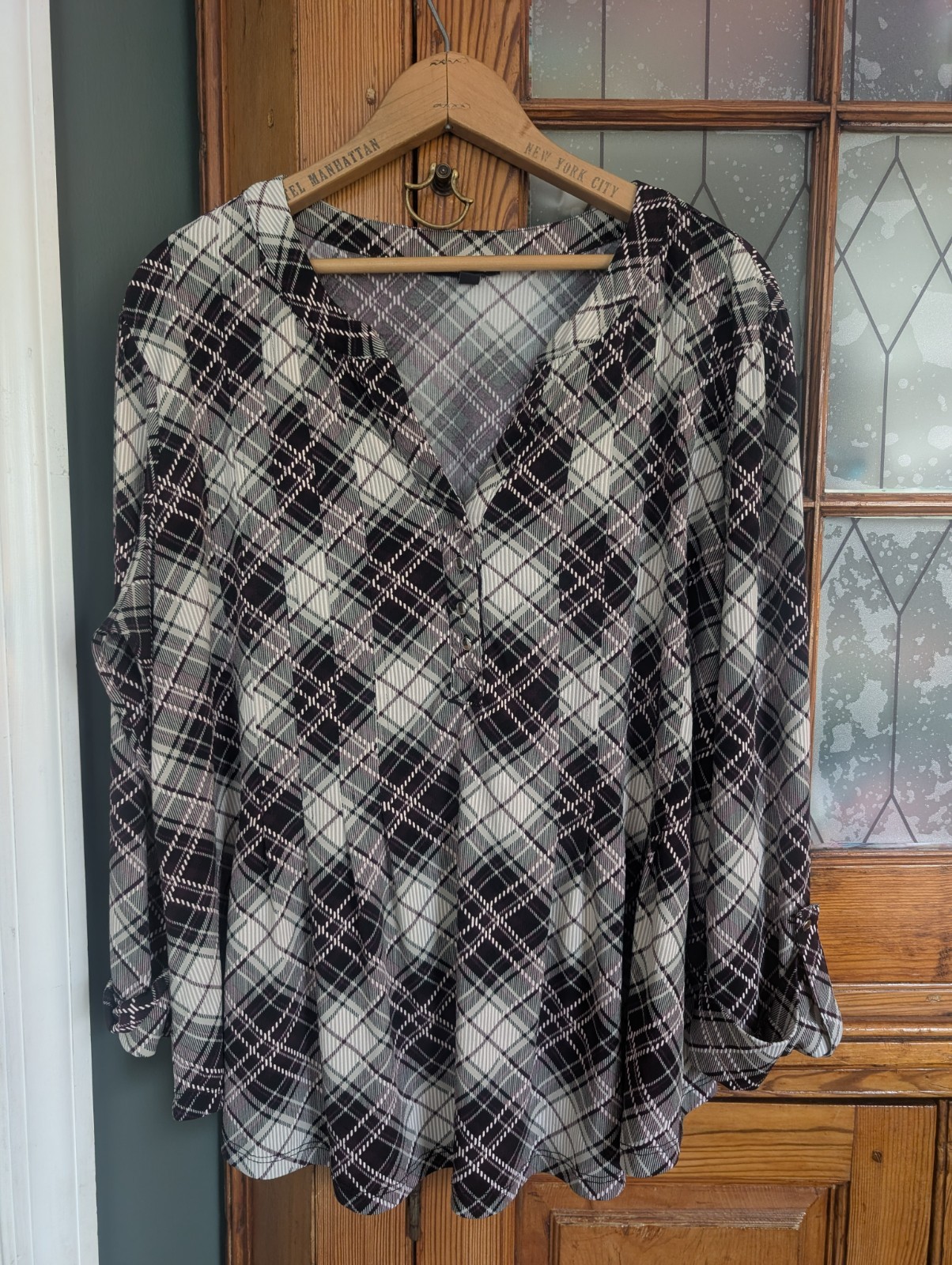 Sami and Jo Women’s XL Peasant Shirt Plaid Deep Purple Black White Business Wear