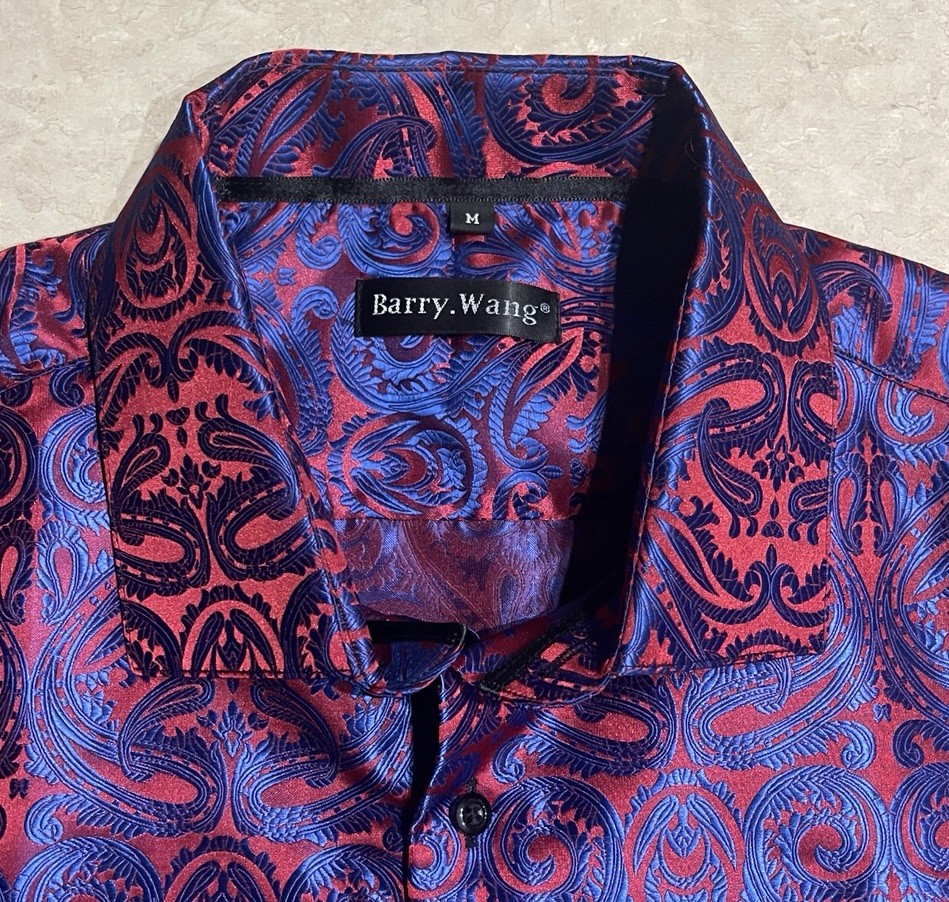 Barry Wang Men’s Red & Blue Paisley Silk Button Down Front Dress Shirt Sz M