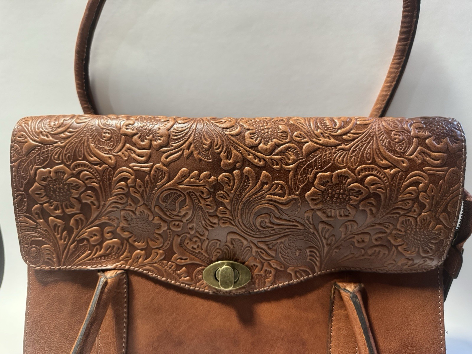Wild West Los Angeles Floral Embossed Leather Purse Brown Tote NWT Plaid Lining