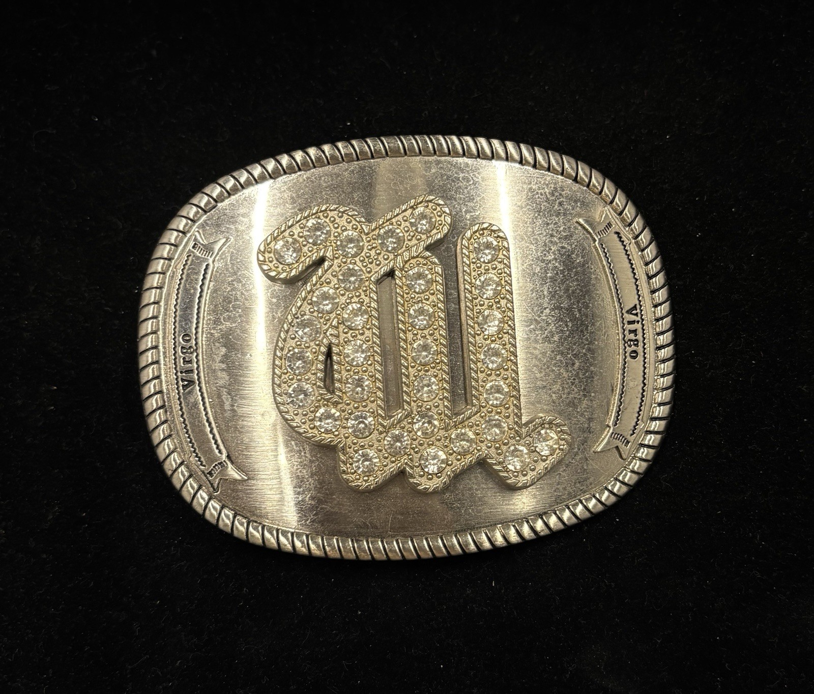 y2k Crumrine silver-plated belt buckle features a “Virgo” initial RARE