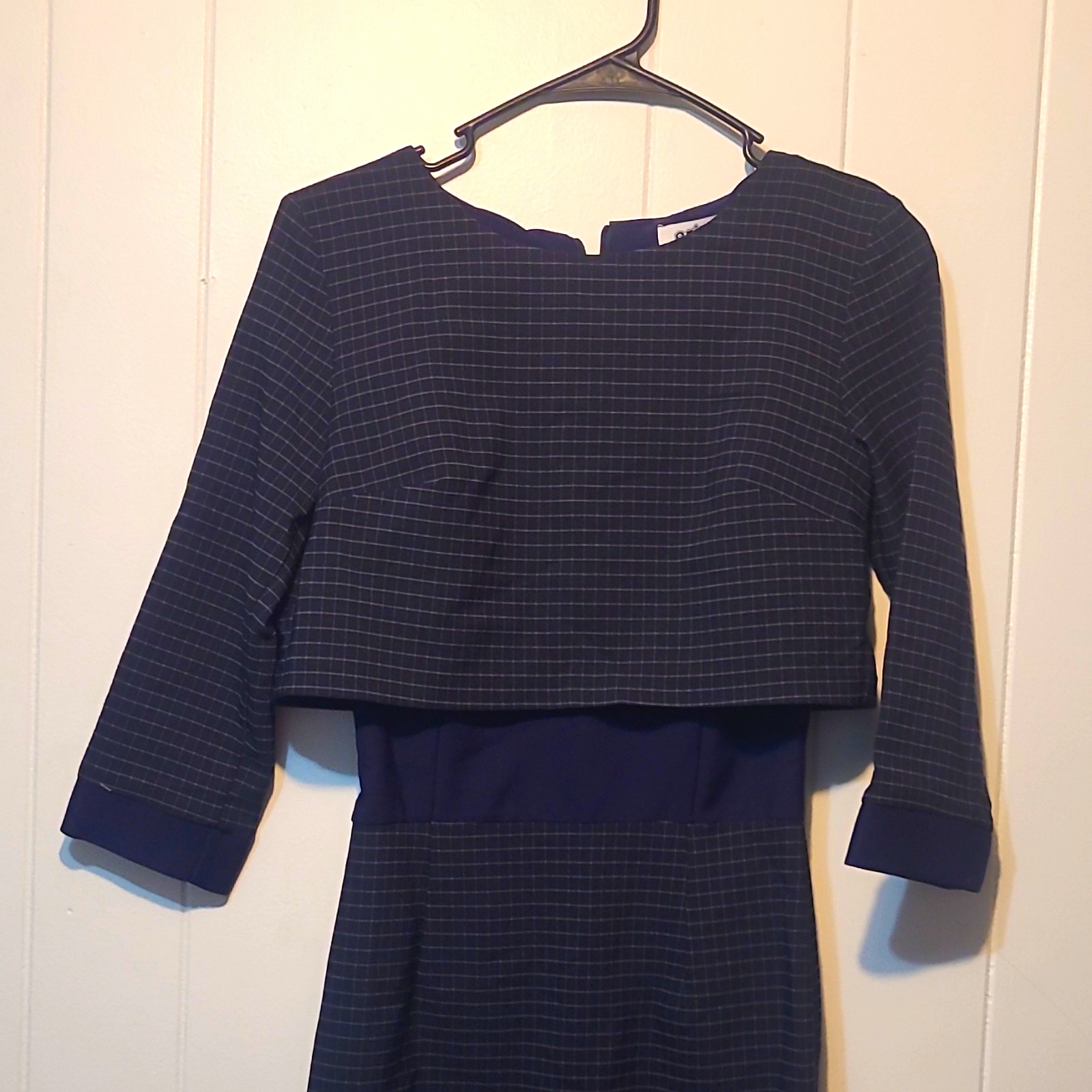 Women’s Navy/White Check Sheath Dress Size 8 3/4 Sleeve Round Neck Zipper