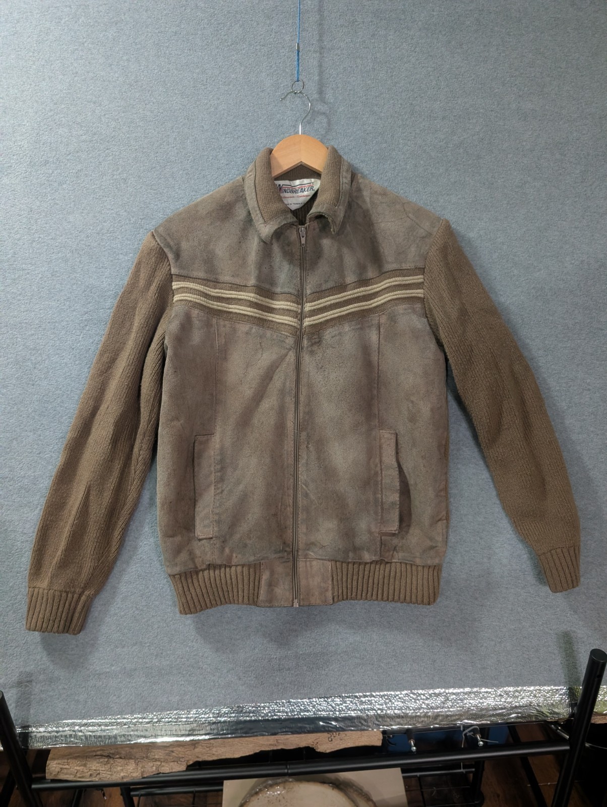 Vintage Windbreaker Mens M Leather Knit Jacket Brown Cowhide 70s 80s Distressed