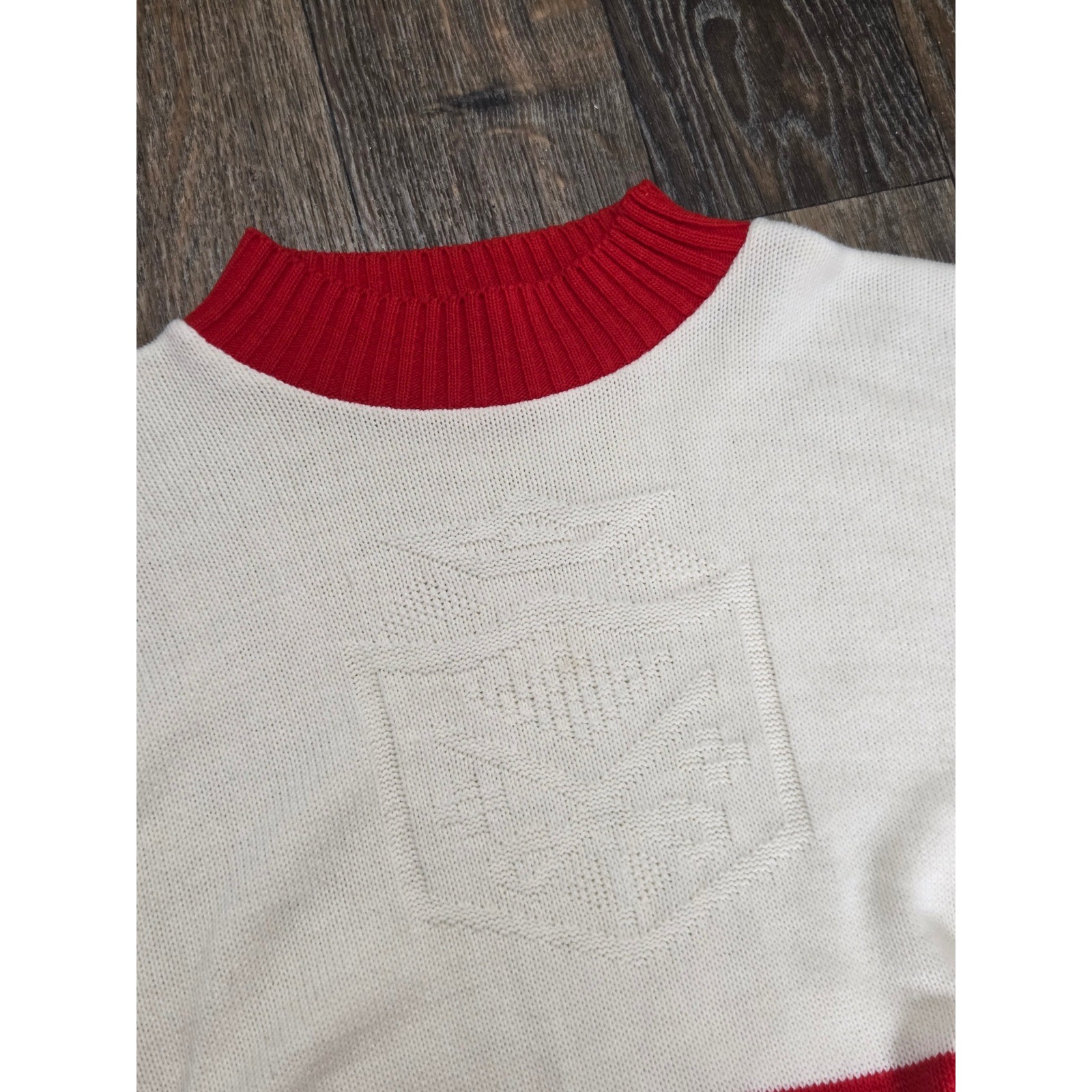 Vintage Red White Striped Mock Neck Knit Sweater Textured Crest Nautical Retro