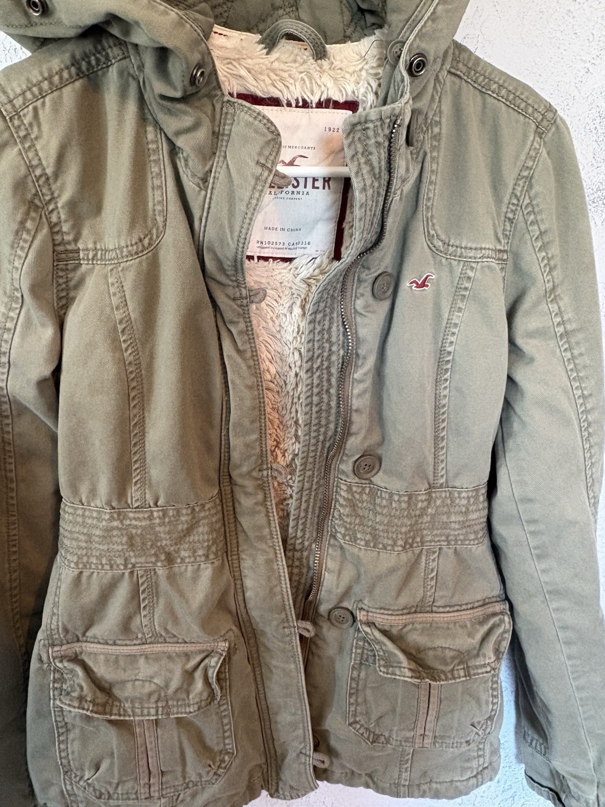 Hollister Women’s Green Hooded Sherpa Lined Parka Utility Jacket Pockets M