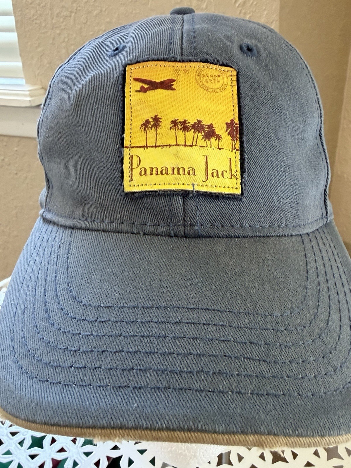 Vintage Panama Jack Blue Tan Strapback Hat Cap Hook Loop Closure Cotton OS