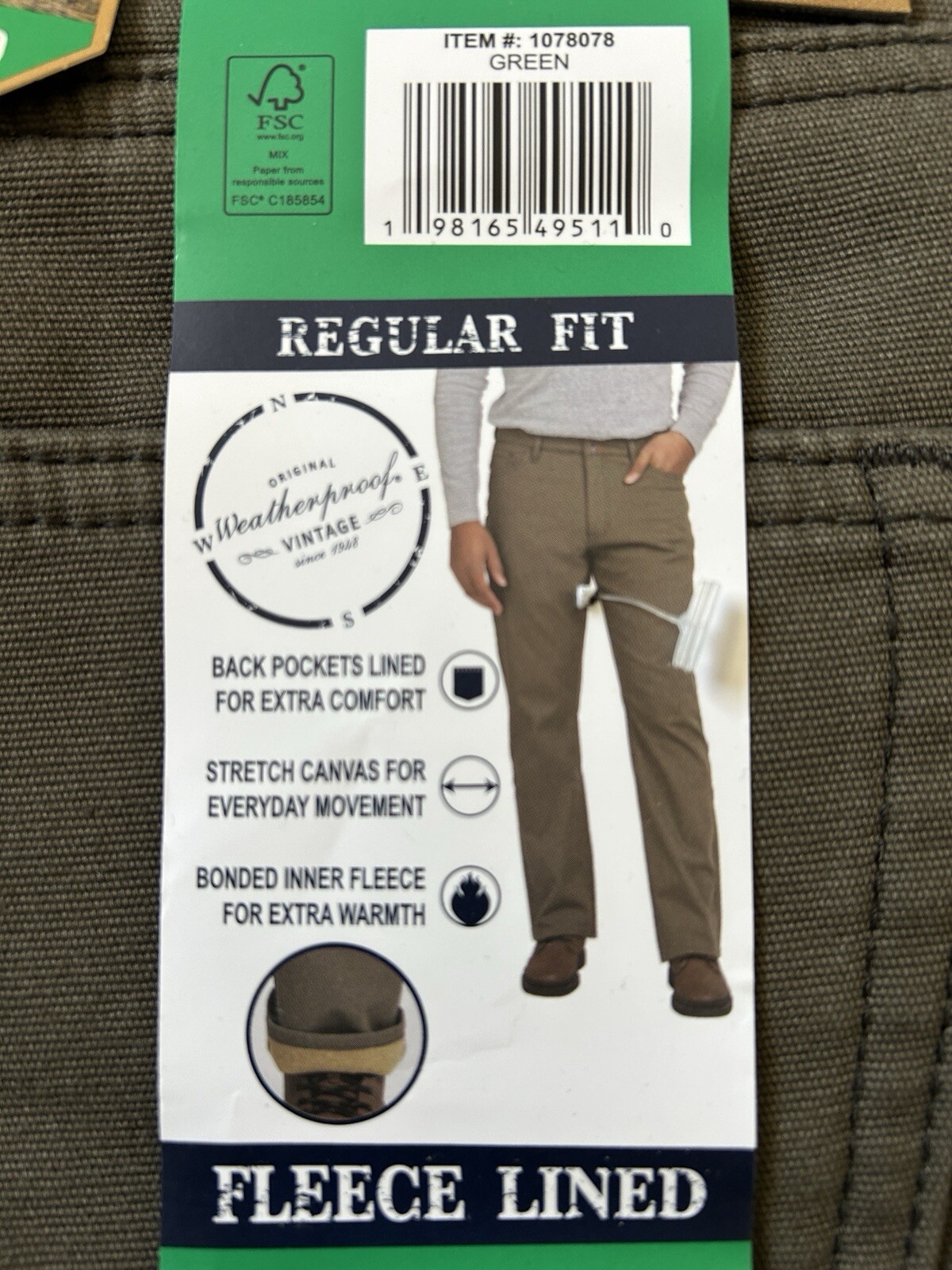 Weatherproof Vintage Men’s Stretch Canvas Fleece Lined Pants. Size 38×29, Green
