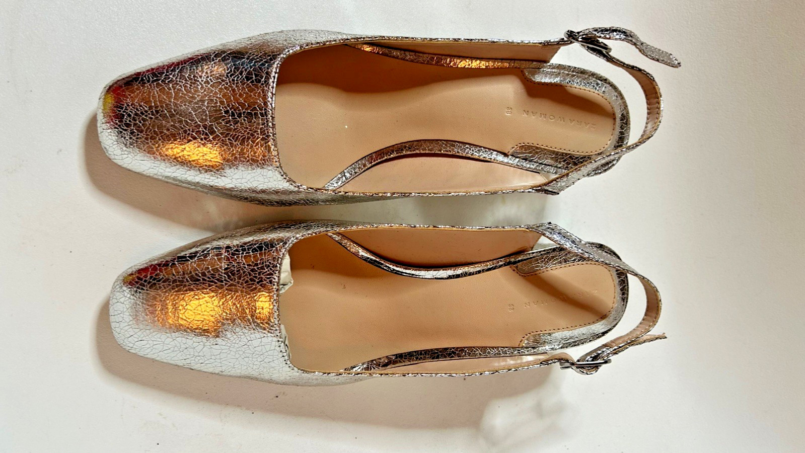 Zara Womens Leather Slingbacks in Silver Metallic Size 38 / US 7 1/2