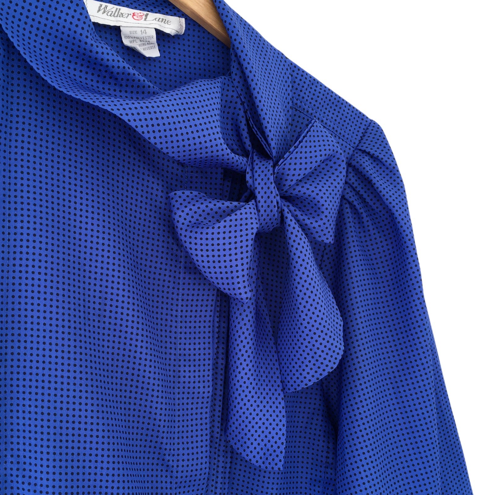 Vintage 80’s Bow Blouse Blue Polka Dot Walker & Lane Sz Vtg 14 Career