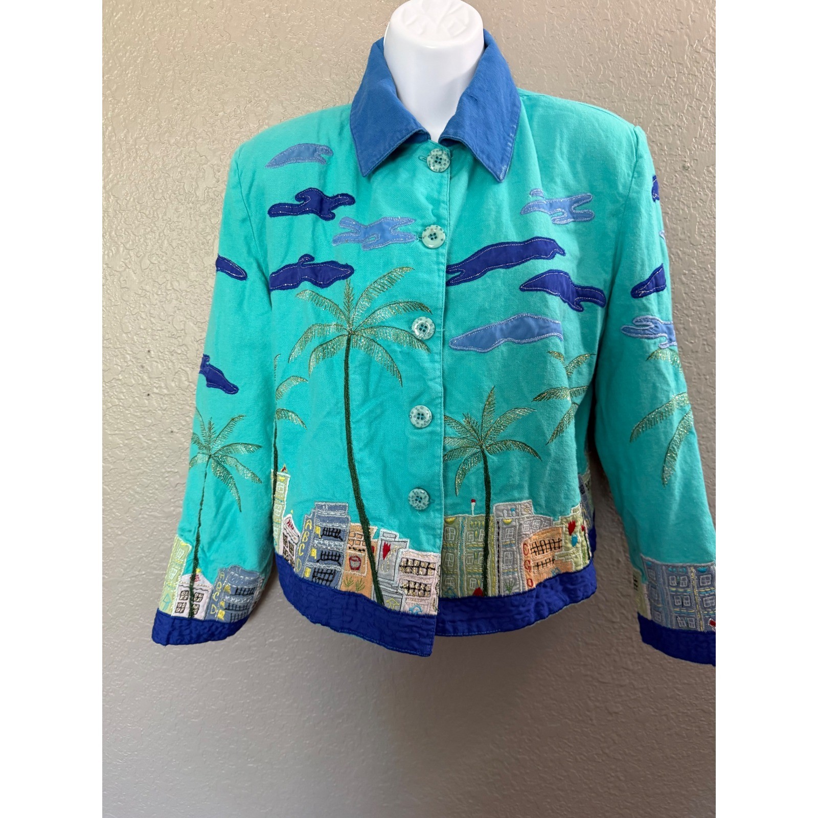 VTG Anage Jacket S Teal Palm Tree Cityscape Applique Travel Novelty Art To Wear