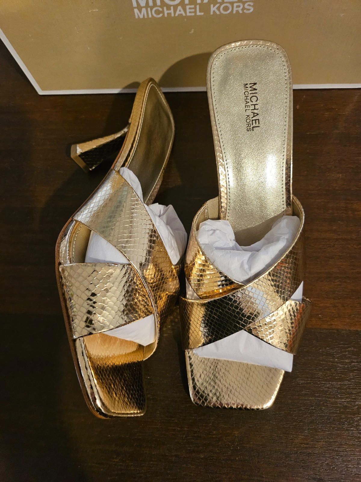 Michael Kors Clara Mule Square toe Sandals Gold Snake Skin leather New in box 10