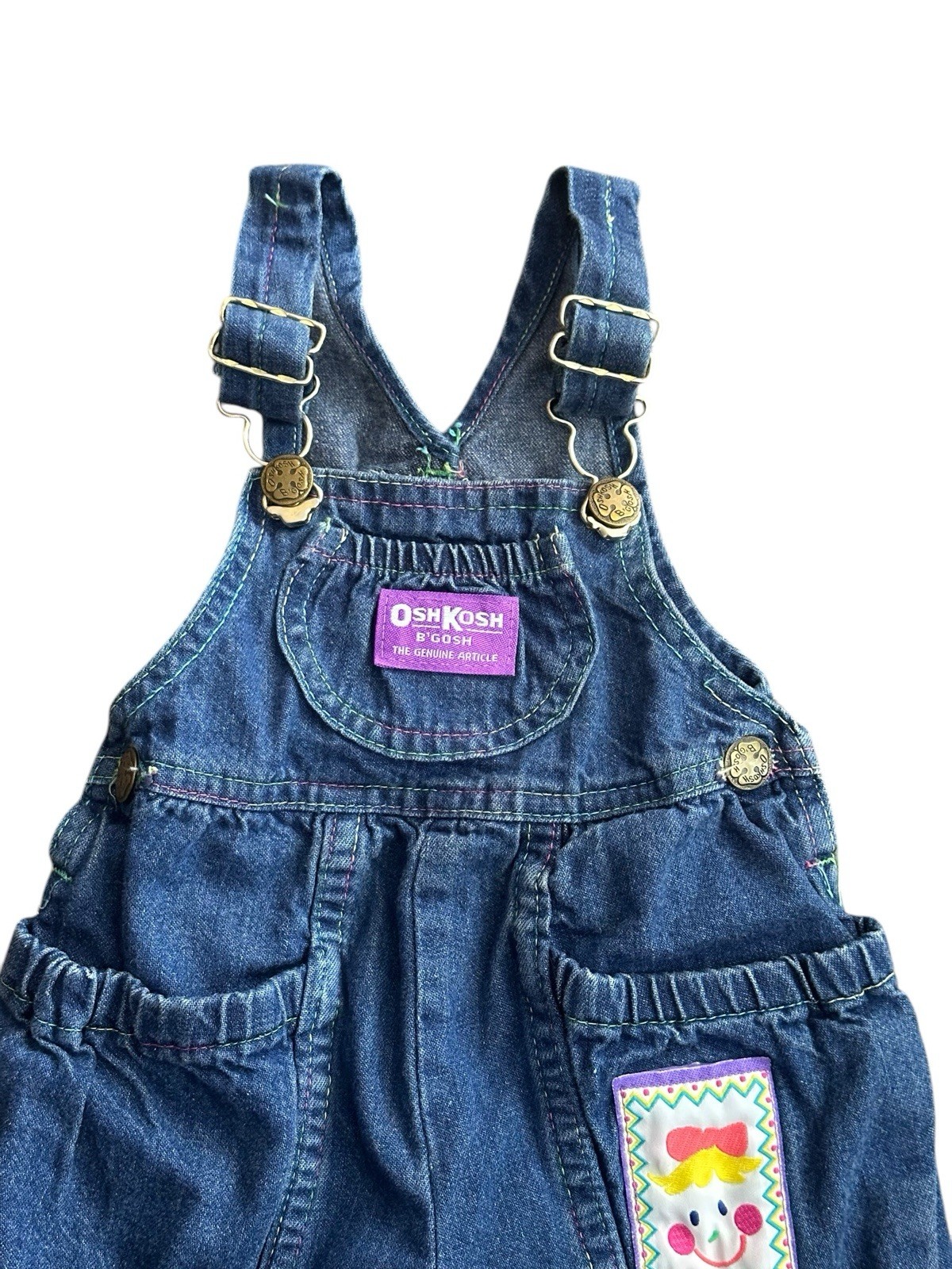 Vtg OshKosh B’gosh Vestbak Denim Overalls Sz 6 / 9 Mos USA Made Patch Flower