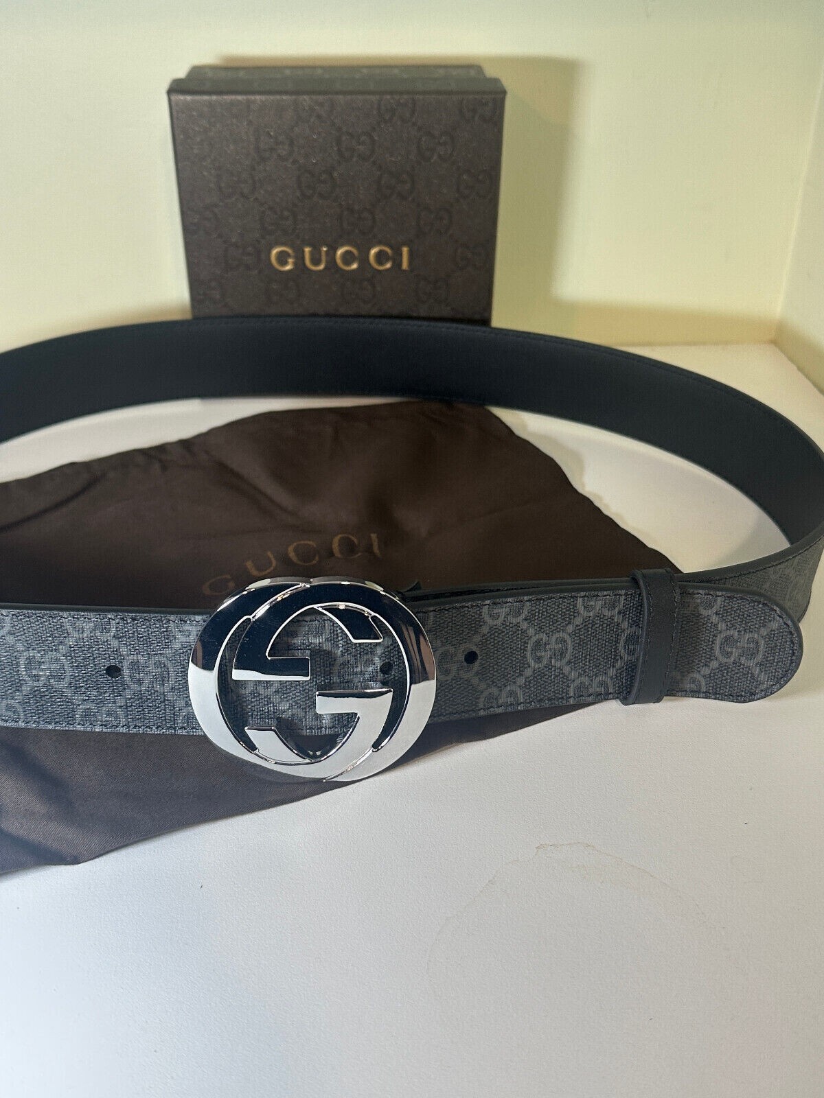 GG Mono Black/GreyGUCCl Canvas Belt Silver Buckle