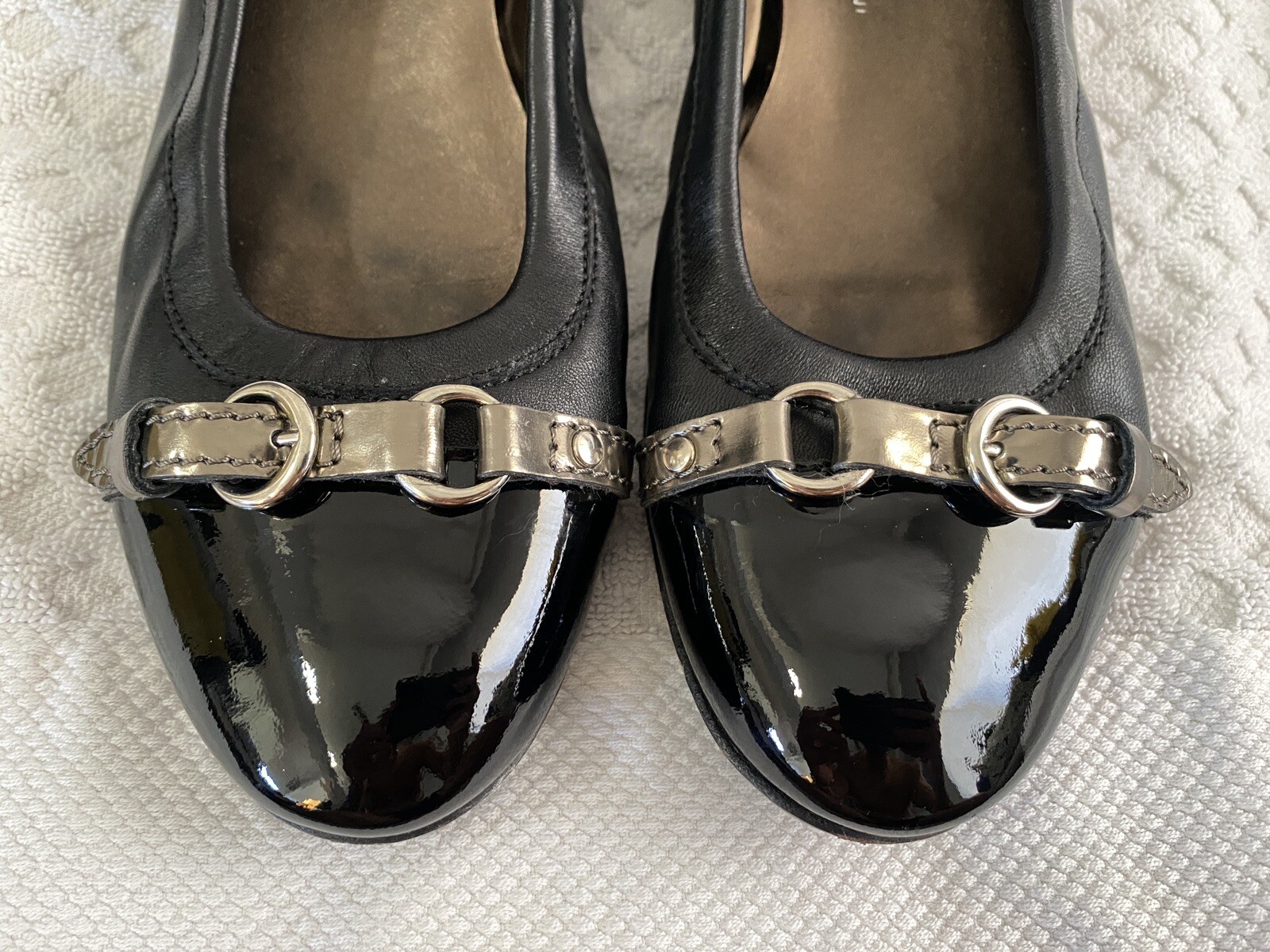 AGL Monika Cap Toe Ballet Flats Black Patent Leather Bronze Size 38.5 US 8.5