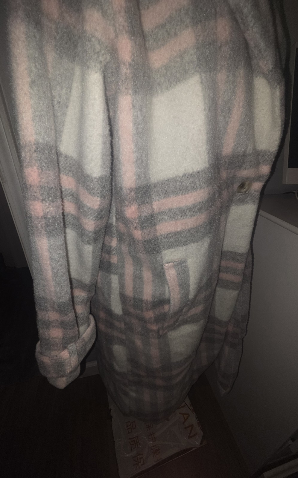Haute Monde Women’s Gray Pink White Plaid Button Front Long Overcoat Size L