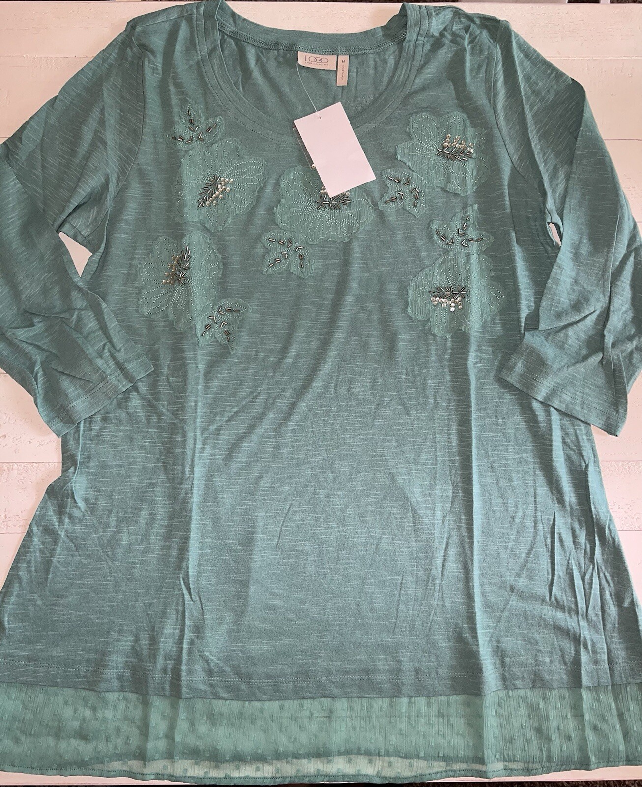 LOGO by Lori Goldstein light spearmint slub knit top with swiss dot trim Medium