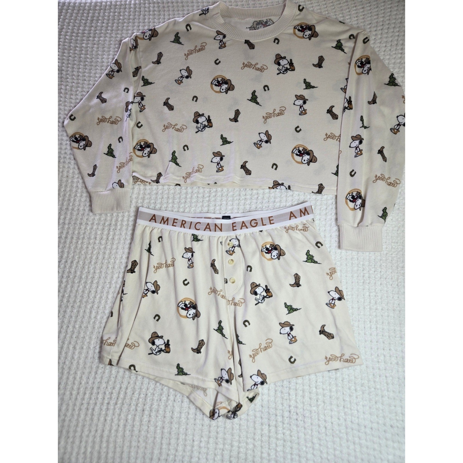 American Eagle AE Lounge Snoopy Peanuts Western Yeehaw Pajama Set Cream L Large