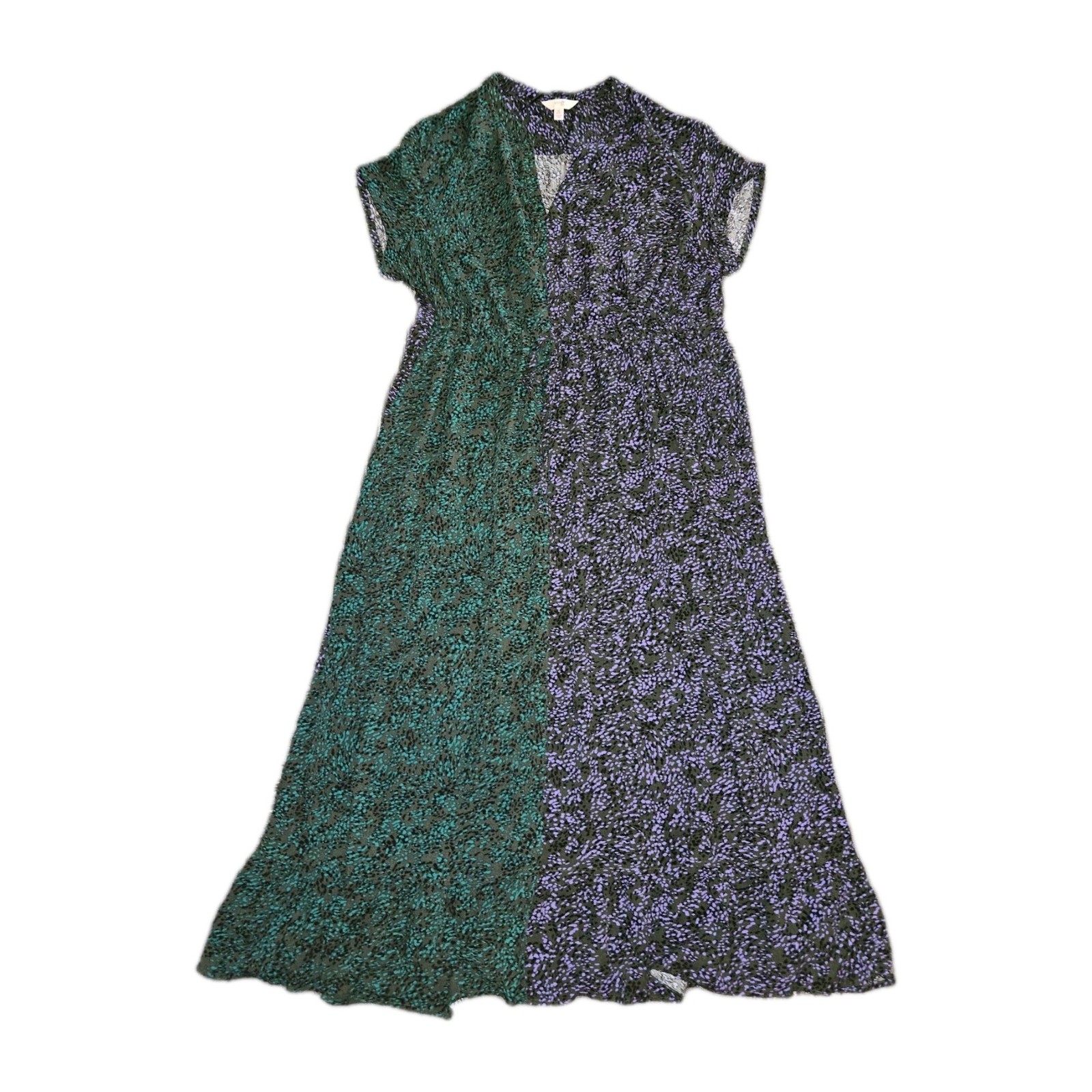 Terra & Sky 0X 14W green purple half N half split dress black dots v-neck