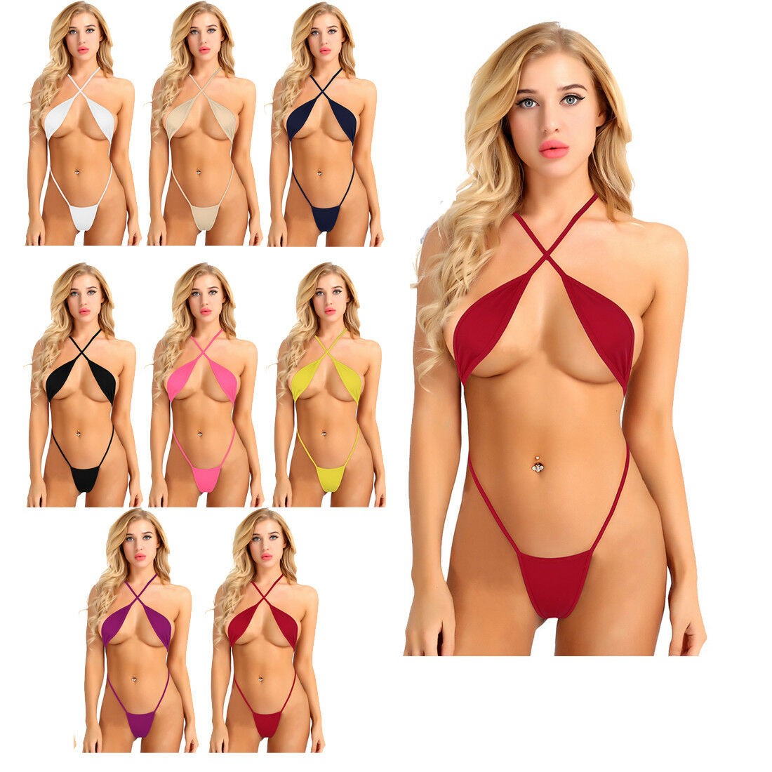 Womens One-Piece Strappy Criss Cross Backless Micro Bikini Thong Bodysuit Teddy