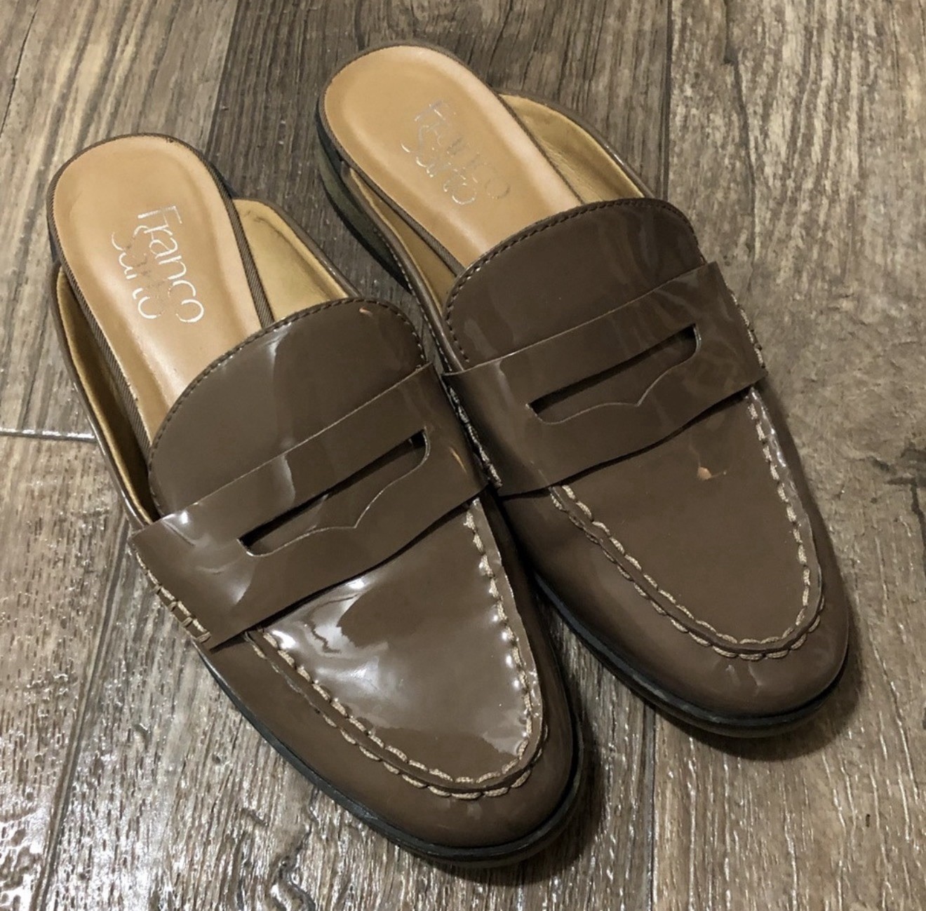 Franco Sarto Women’s Patent Leather Slip-On Loafer Mule Flats Almond Beige 6.5