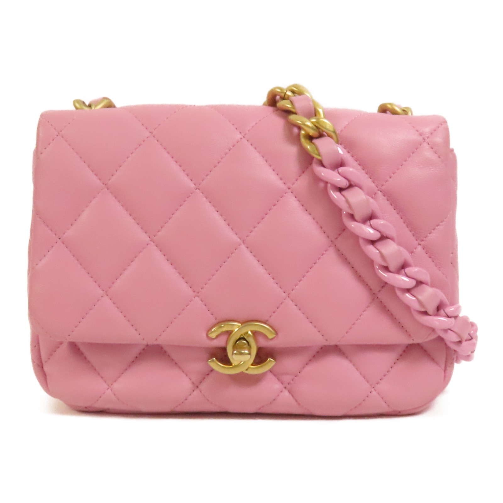 CHANEL CC GHW Chain Shoulder Bag Lambskin Leather Pink