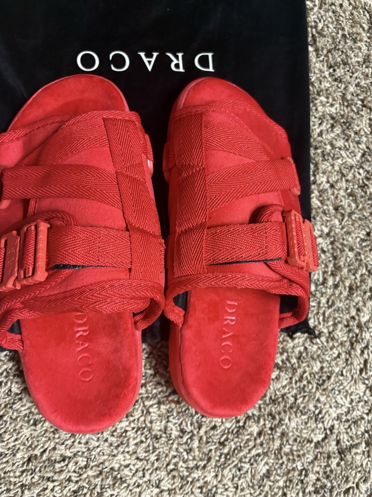 Draco Men’s Red Leather Slide Sandals Buckle Closure Logo Accent US 6