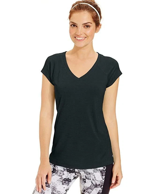 Ideology Women’s Heathered Short-Sleeve V Neck Tee, Black, Size XL