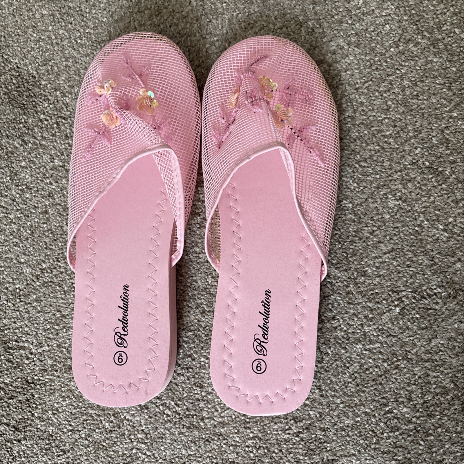 Women’s Chinese Mesh Floral Beaded Sequined Slipper pink size 9